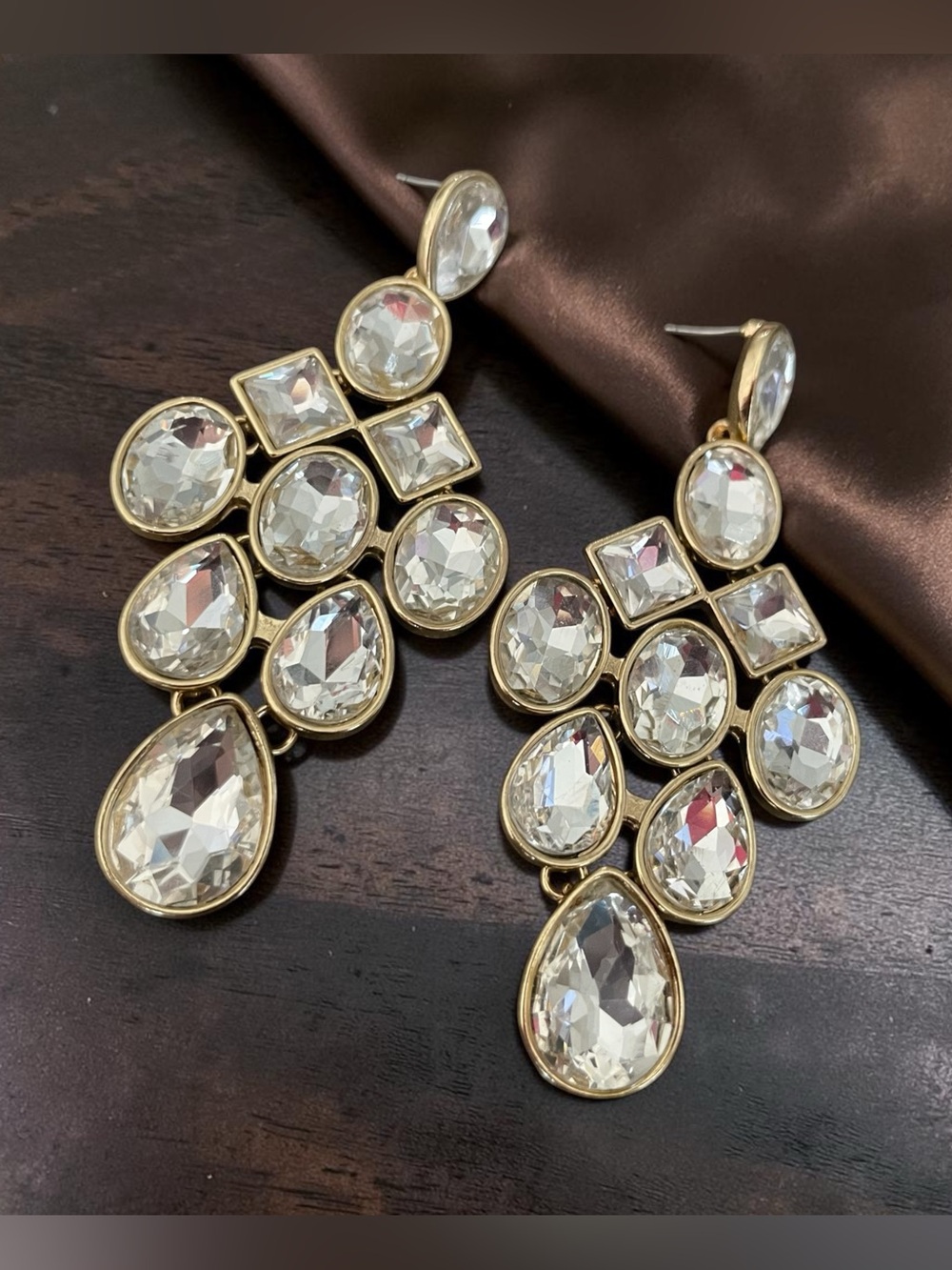 Gold Clear Crystal Statement Drop Earrings